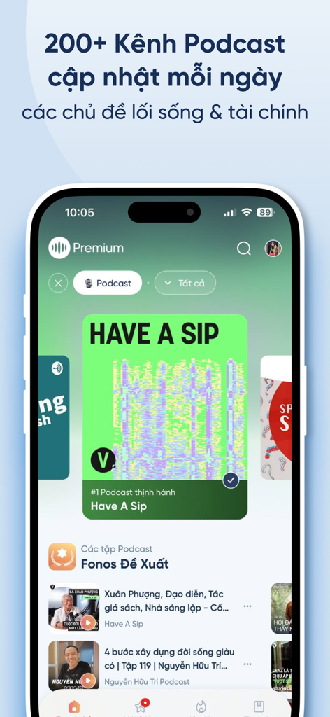 Fonos: Sách nói & PodCourse - Fonos mobile app screen showcasing a collection of over 200 podcast channels updated daily with lifestyle and finance content.
