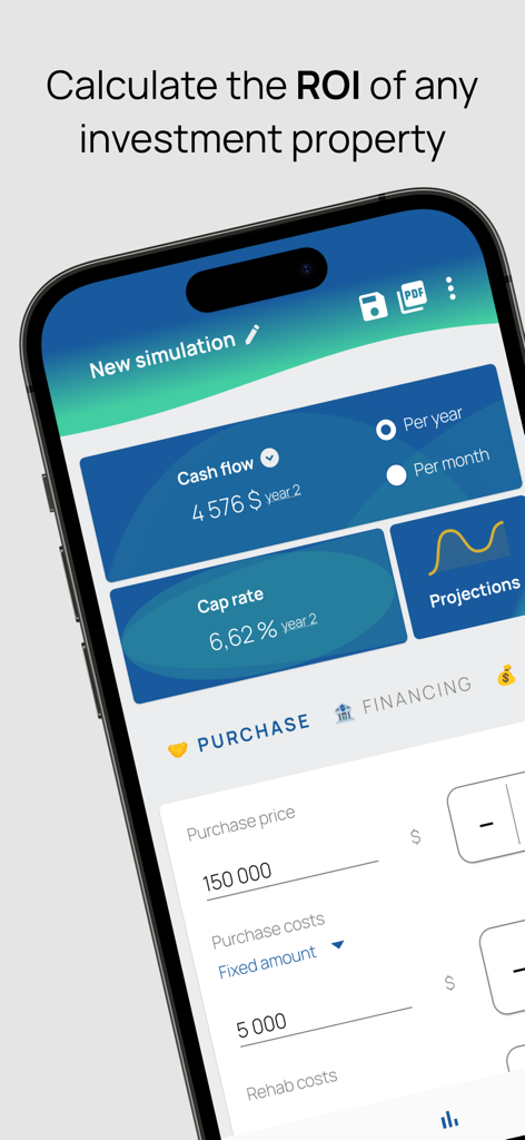 CapLens - Rental Analysis - CapLens mobile app interface showing rental property cash flow and cap rate calculations