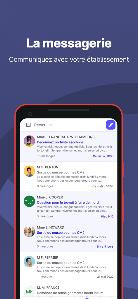 Skolengo - Une interface mobile de l'application Skolengo affichant une liste de messages et de communications liés à l'école.