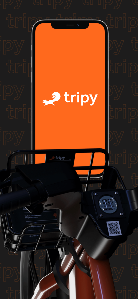 Logotipo de la aplicación Tripy mostrado en la pantalla de un smartphone sobre una bicicleta eléctrica