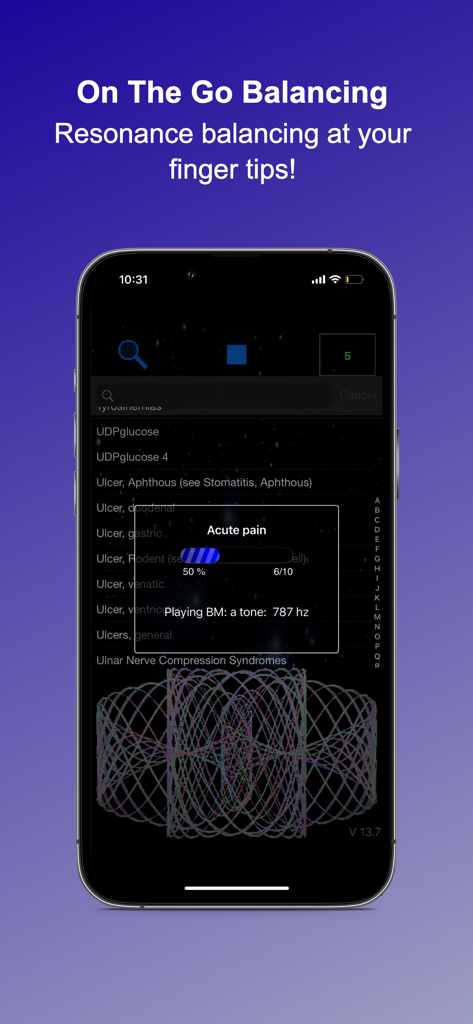 ROYAL RIFE APP - Royal Rife App interface showing resonance balancing and frequency tones for acute pain relief
