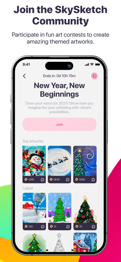 Sketchify - AR Drawing Lessons - Écran de l'application Sketchify montrant des concours d'art thématiques et une galerie de croquis communautaires