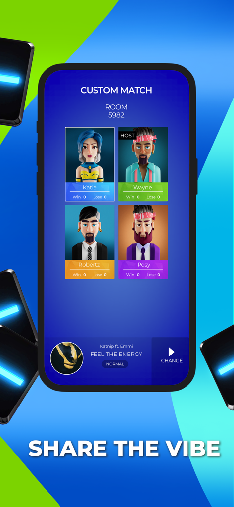 SuperStar: Music Game - Pantalla de lobby de partida personalizada de SuperStar Music Game que muestra cuatro avatares de jugadores y la selección de canciones.