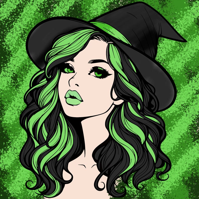 realistic witch girl with wavy hair and lips
