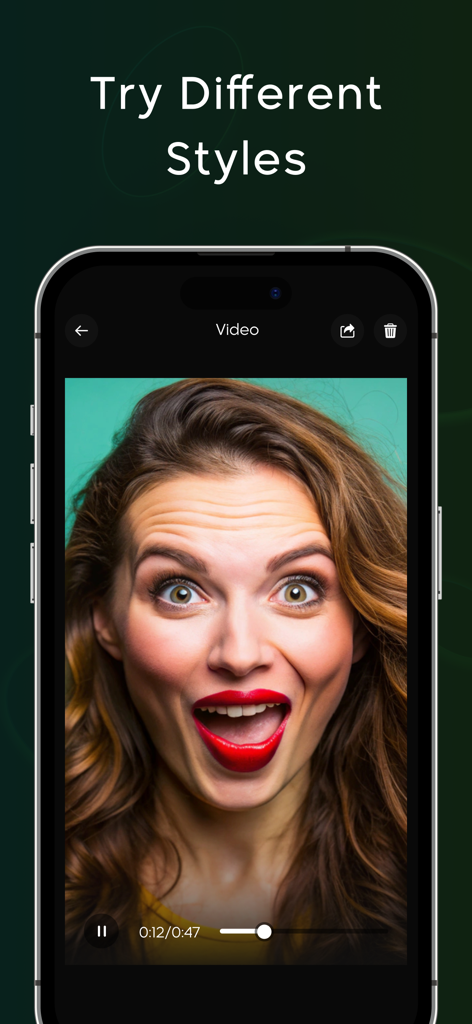 AI Hug Video Generator - HugAI - Smartphone screen displaying an excited woman in an AI face dance video with the text Try Different Styles