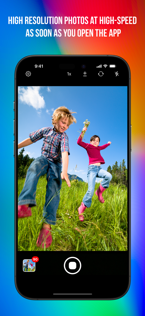 Fast Camera - Fast Camera app interface showing high speed burst photography of two children jumping in a field