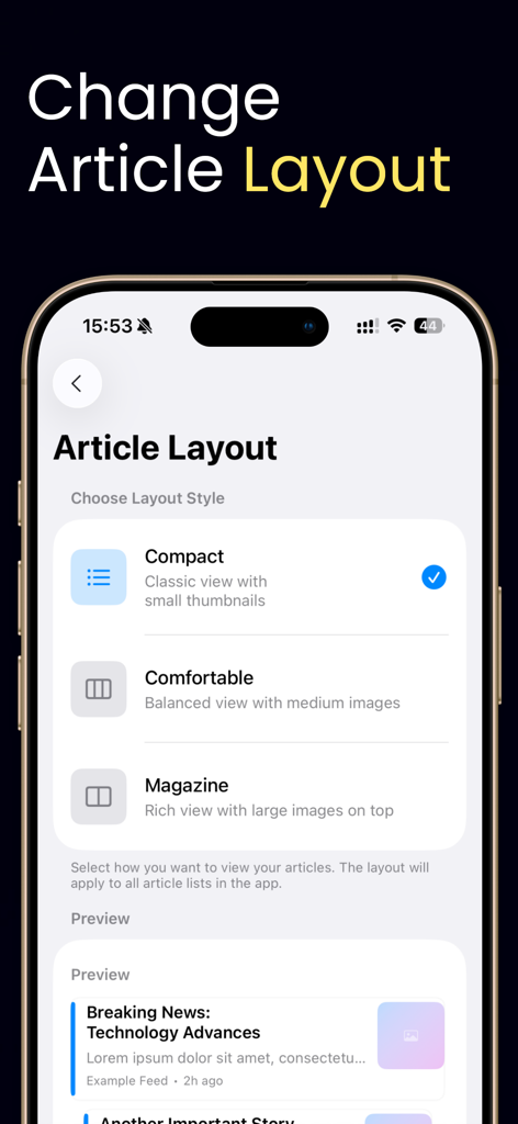 Interface of Simplio RSS Reader showing article layout customization options including compact comfortable and magazine views