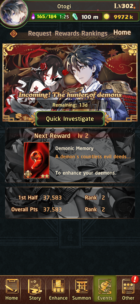 Otogi - Screenshot of the Otogi game events interface showing the hunter of demons event banner and reward rankings