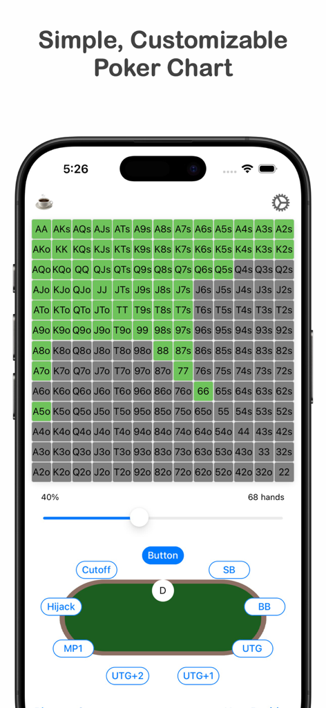 Poker Range Calculator - Interface of the Poker Range Calculator app showing a customizable hand range chart and table positions