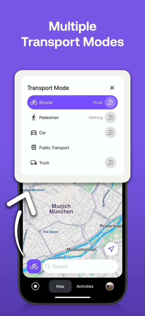 Interfaccia dell'app Magic Earth che mostra diverse modalità di trasporto tra cui bicicletta, pedone, auto, trasporto pubblico e camion per la navigazione