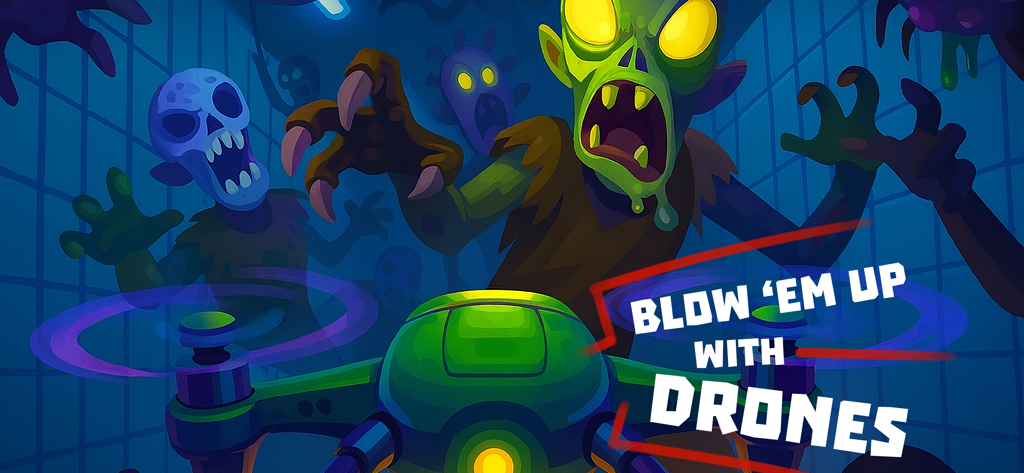 Don Zombie: Guns and Gore - Un dron de batalla verde enfrentando una horda de zombis estilizados con ojos amarillos brillantes.