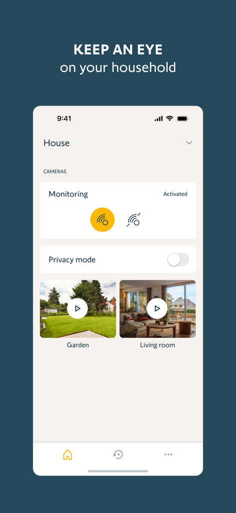 Somfy Protect - Interfaz de la aplicación Somfy Protect mostrando el estado de monitorización de seguridad del hogar y transmisiones de cámara en vivo de un jardín y una sala de estar