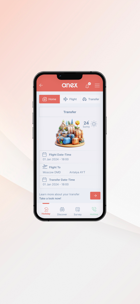 Anex Tour - Anex Tour app interface showing flight and transfer schedule for a trip from Moscow to Antalya.