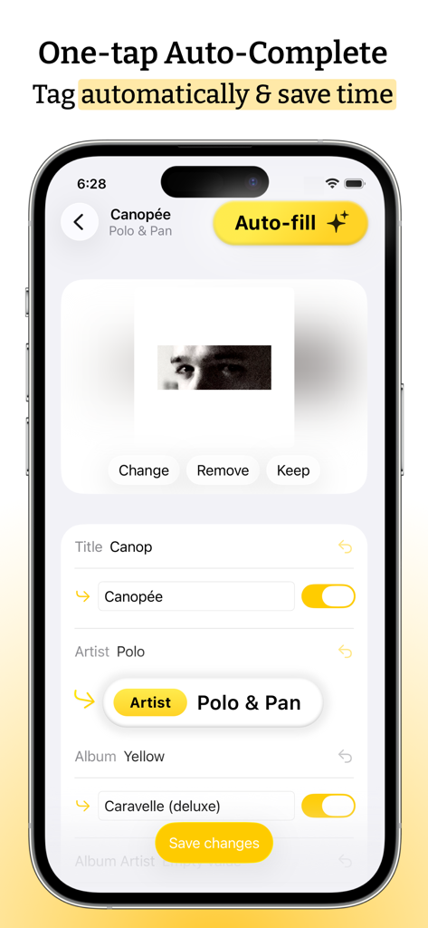 Screenshot of the Audio Tag Editor app displaying the one-tap auto-complete feature to automatically update music metadata and album art.