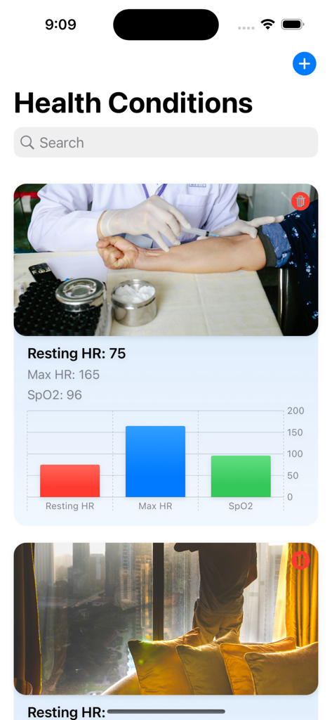Screenshot of Calmi Health app displaying health conditions and vitals charts including heart rate and oxygen levels.