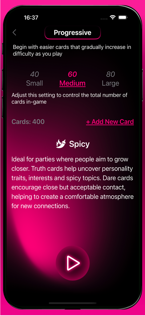 Interface do aplicativo Verdade ou Desafio mostrando configurações para o baralho de jogo Picante com opções de dificuldade progressiva e número de cartas.