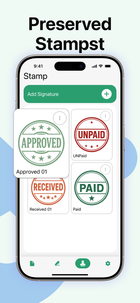 eSign: Fill & Sign Docs - Mobile app interface showing digital document stamps for approval and payment status