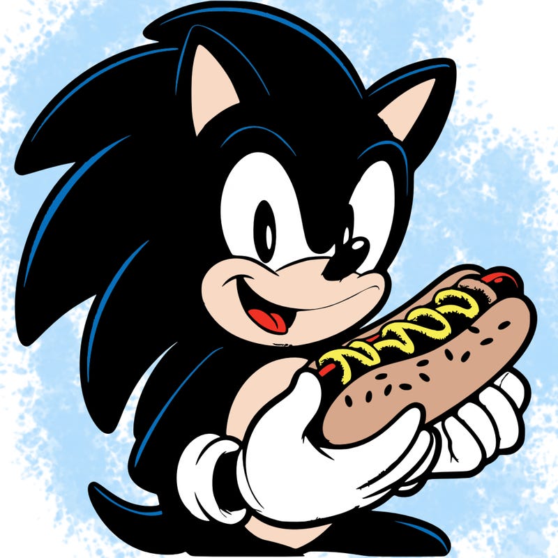 sonic the hedgehog eating a chili dog