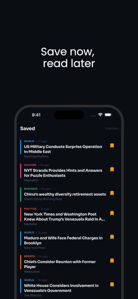 Briefly: News in Seconds - A smartphone screen displaying the Saved section of the Briefly news app with a list of bookmarked headlines across different categories.