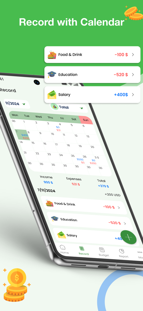 Coiny app interface showing the record with calendar feature for tracking daily expenses and income