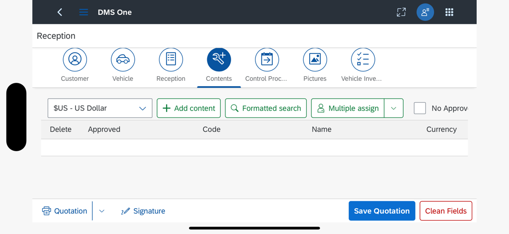 DMS One Mobile - Vehicle reception and quotation screen in the DMS One Mobile app