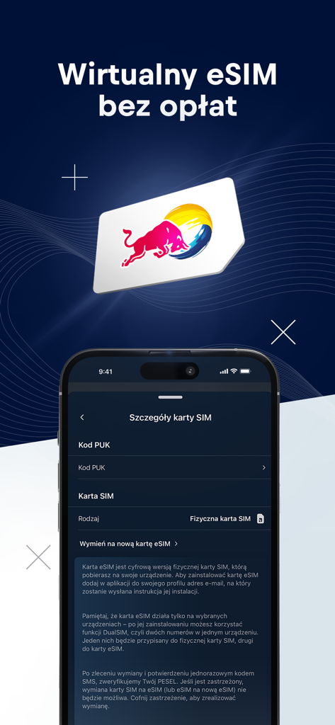 Mobile app interface for Red Bull MOBILE Polska displaying virtual eSIM options and SIM card settings