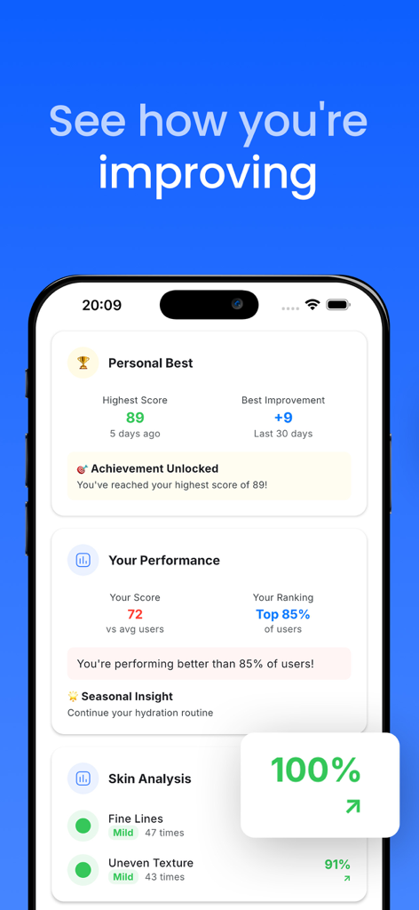 AI Skin Scanner Face Analyzer - Schermata di un'app mobile che mostra statistiche sul miglioramento della salute della pelle, inclusi i migliori punteggi personali e un'analisi dettagliata della pelle