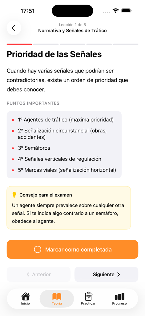 DGT A2 Test Master - Theory lesson screen explaining the priority of traffic signs for the Spanish A2 motorcycle license