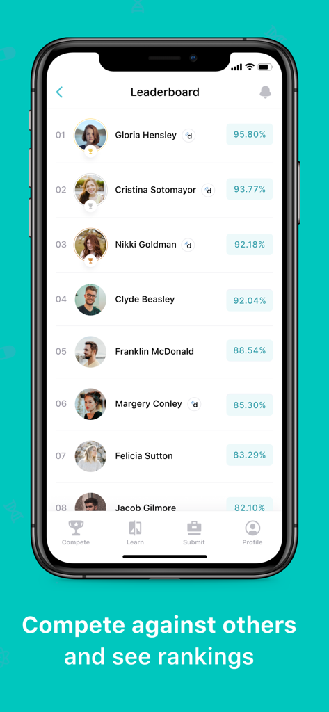 Leaderboard screen of the DiagnosUs app showing top student rankings and diagnostic accuracy percentages.