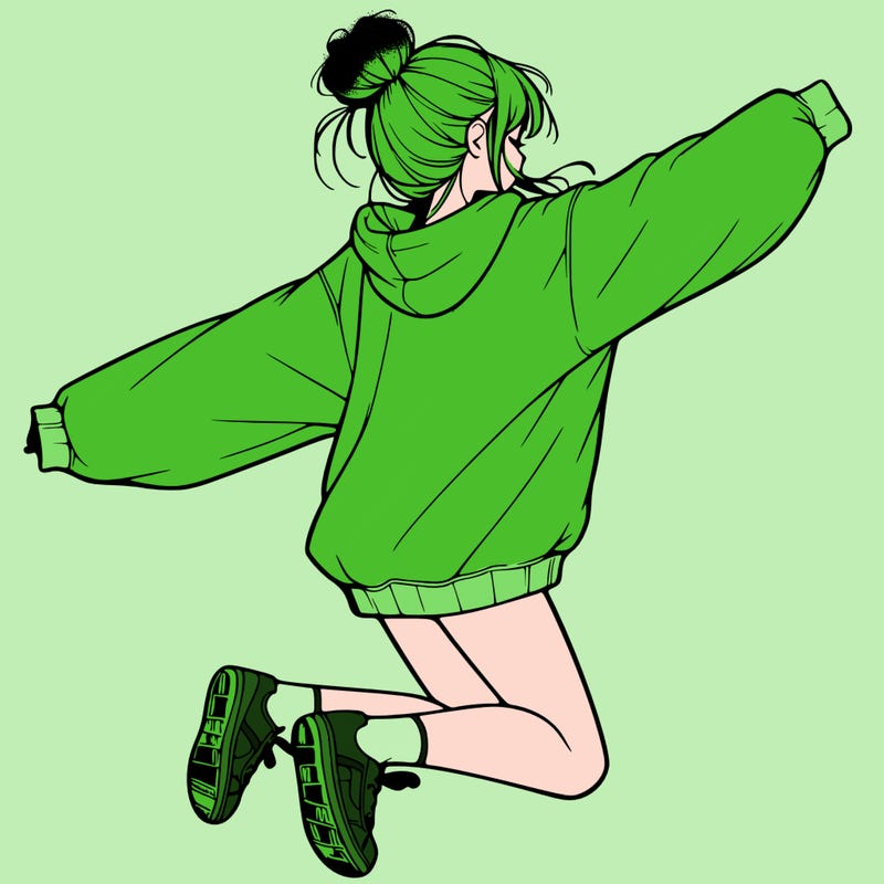 realistic girl jumping with a bun and oversized sweatshirt