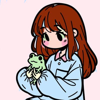girl with long hair and a oversized shirt. and she is holding a frog