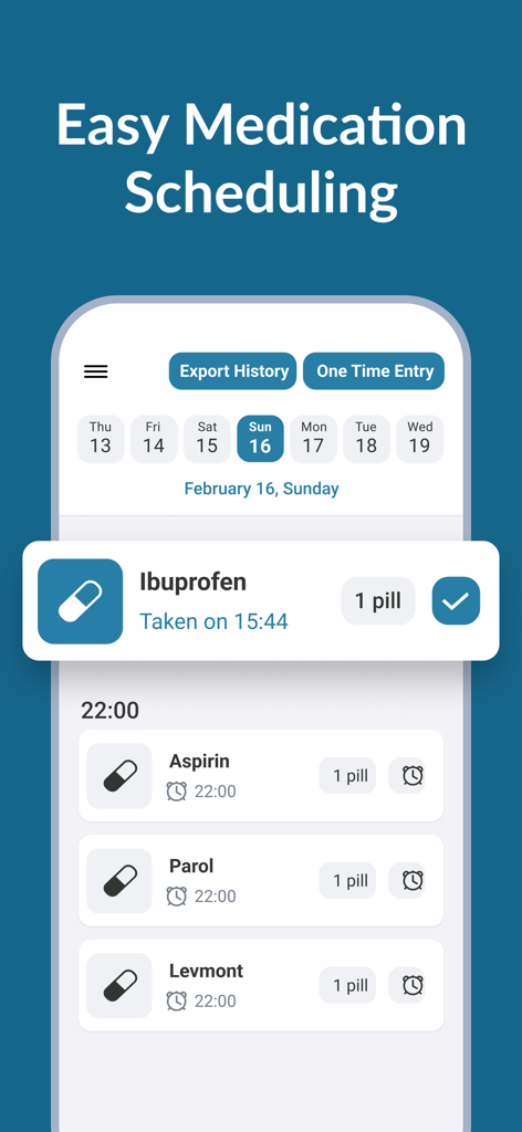 Pill & Medication Reminders - Mobile app interface showing a daily medication schedule and logs for pills like Ibuprofen and Aspirin