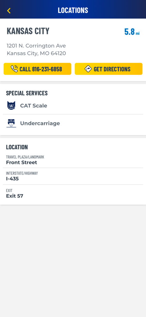 Blue Beacon Truck Wash app location details screen for Kansas City showing address directions and special services