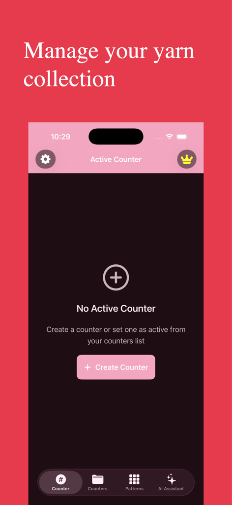 Crochet AI - Crochet AI mobile app screen for yarn collection management and active row counting.