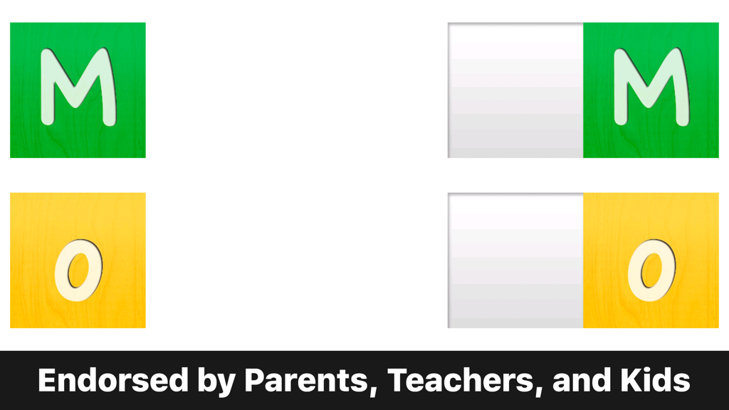 Montessori Matching Board - Interface of the Montessori Matching Board app showing a letter matching game for toddlers with tiles for the letters M and O.