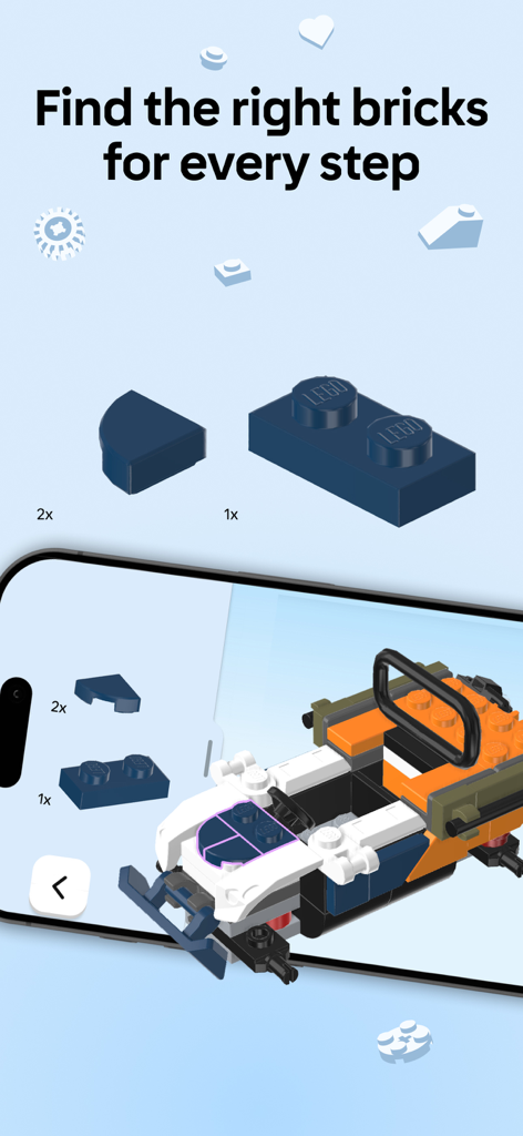 A smartphone displaying the LEGO Builder app with 3D instructions and a prompt to find the right bricks for every step.