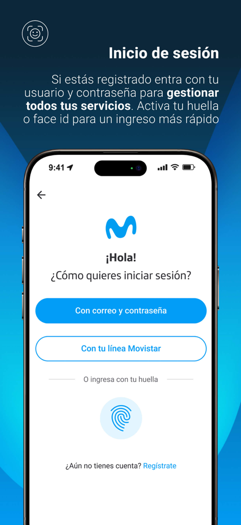 Pantalla de inicio de sesión de la aplicación móvil Mi Movistar Colombia con opciones biométricas y de correo electrónico.