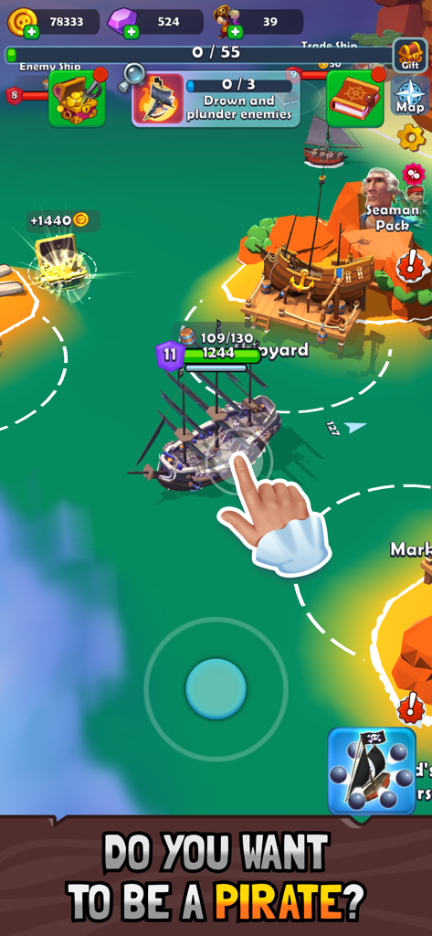 Pirate Raid: Caribbean Battle - Un navire pirate naviguant sur une mer tropicale avec un pointeur de souris et une interface de jeu.