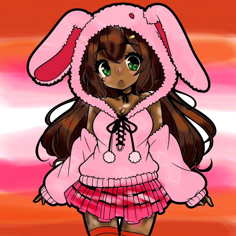 pretty anime girl wearing a fluffy hoodie with bunny ears on the hood and a skirt