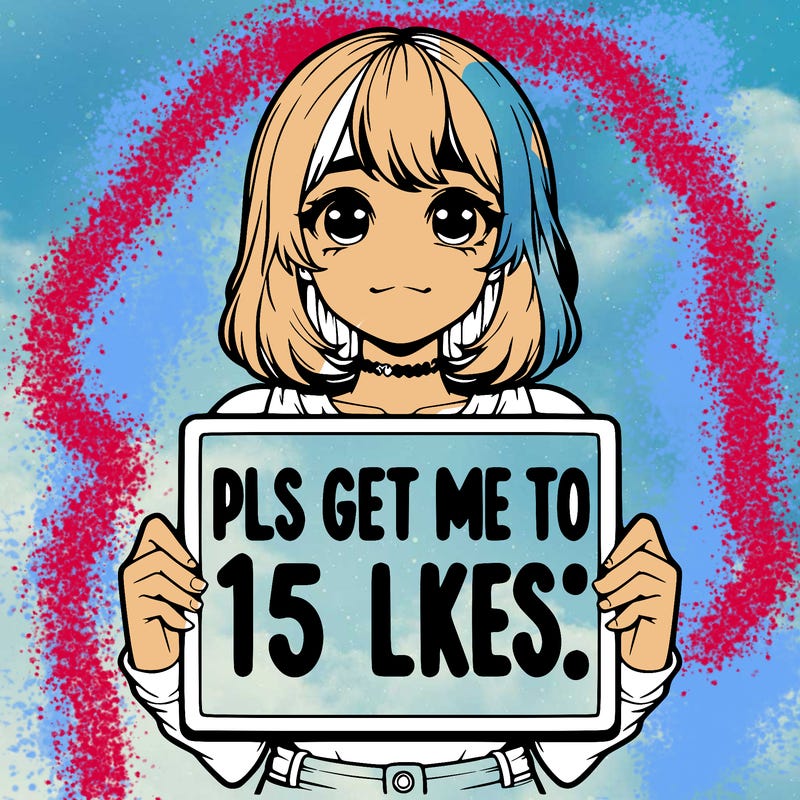 realistic girl holding up a sign that says “pls get me to 15 likes!”