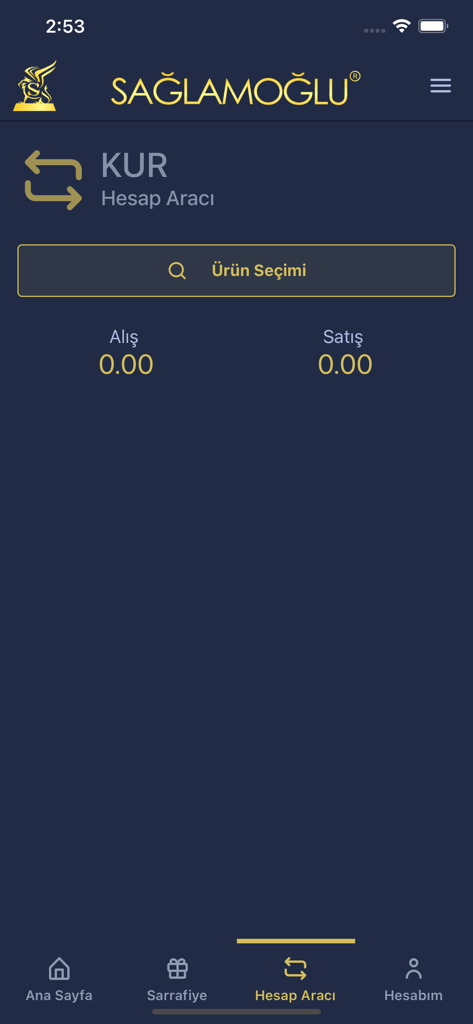 Tela do aplicativo móvel para cálculo de taxas de câmbio de moedas e ouro.