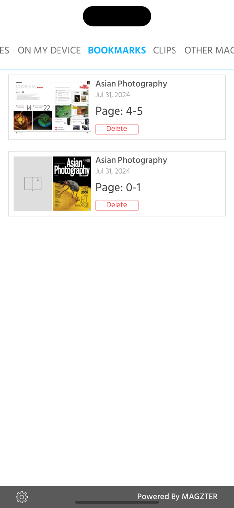 Asian Photography - Interface of the Asian Photography app displaying a list of bookmarked magazine pages.