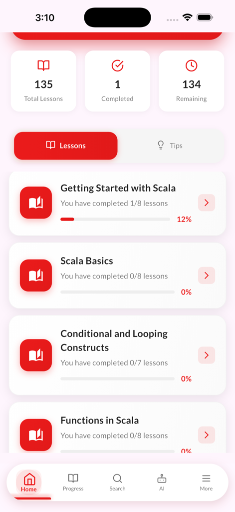 Learn to Code in Scala - AI - Pantalla de inicio de una aplicación de codificación de Scala que muestra módulos de lecciones y progreso del curso