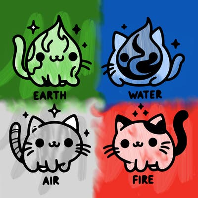 4 cats that represent the different elements, earth, water, air, and fire
