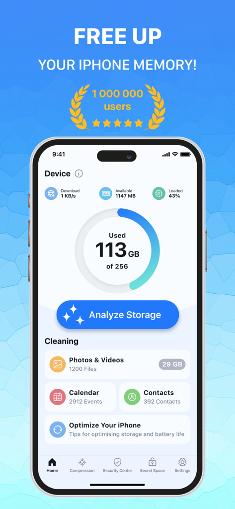 Opti Cleaner & Optimizer - Opti Cleaner app dashboard on an iPhone showing storage analysis and cleaning categories for photos, videos, and contacts