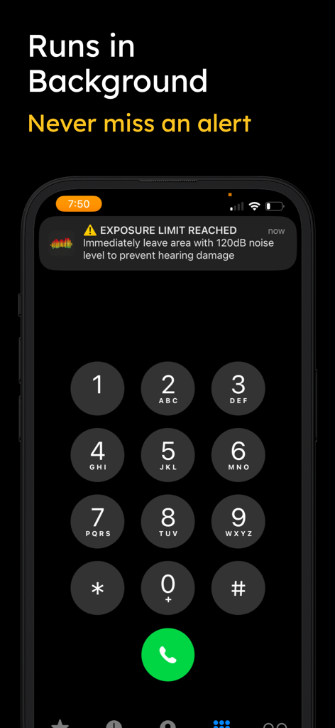 NIOSH Decibel Meter - Pantalla de bloqueo de smartphone mostrando una notificación de la aplicación NIOSH Decibel Meter advirtiendo que se han alcanzado los límites de exposición al ruido.