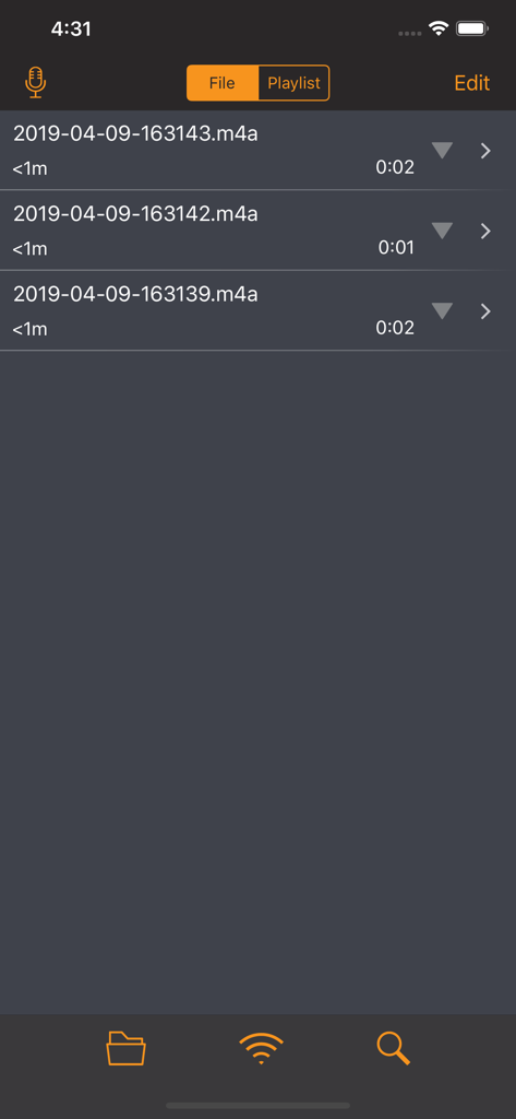 A list of recorded audio files with timestamps and durations within the RecorderHQ app interface.