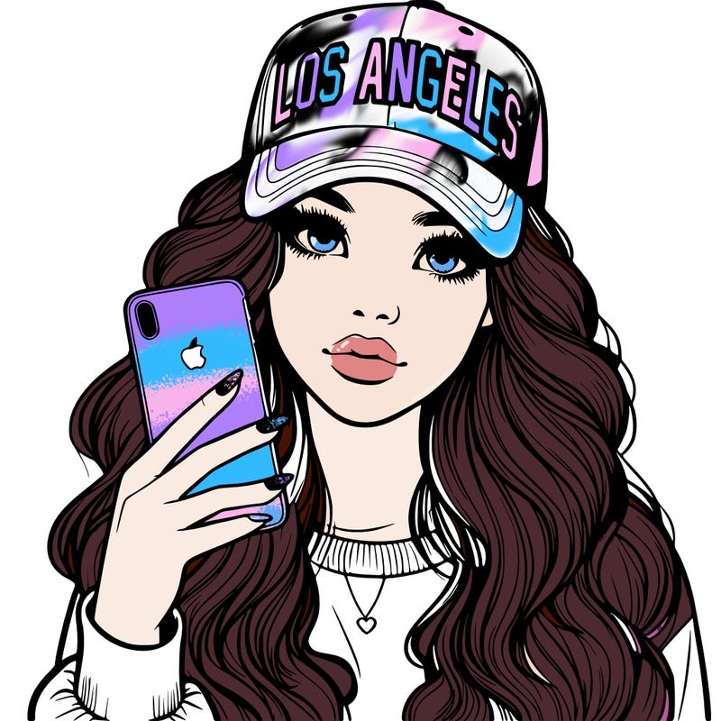 realistic beautiful girl wearing los ángeles cap holding an iphone