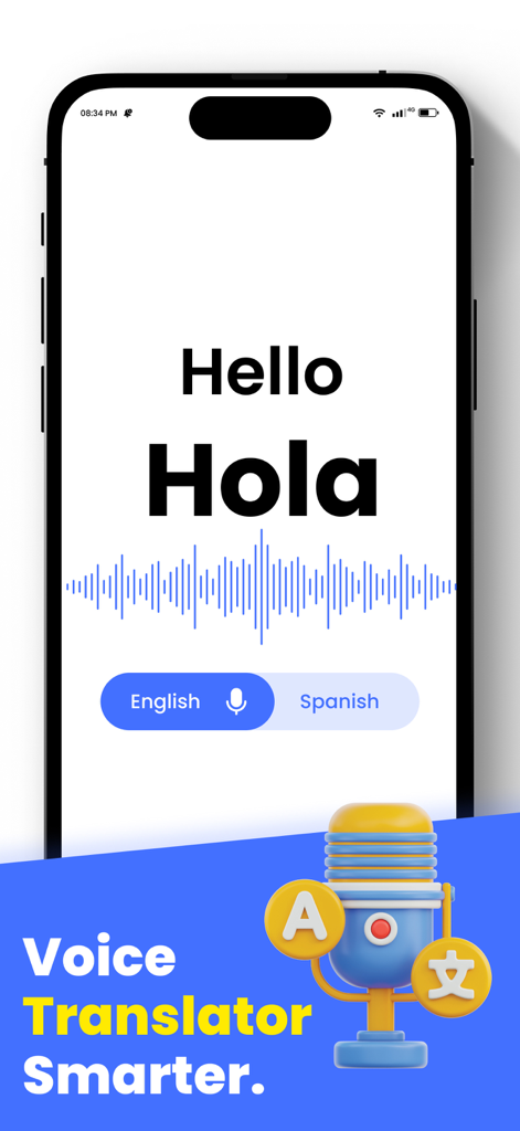 AI Translator Camera & Voice - A smartphone screen showing a voice translation from English Hello to Spanish Hola with a sound waveform