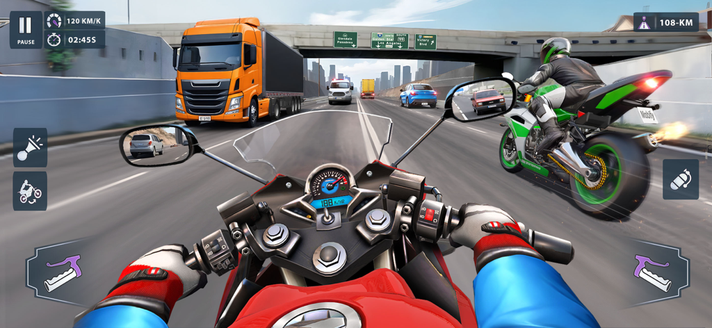 Moto World Tour: Bike Racing - A first-person view of a high-speed motorcycle race on a city highway with traffic and road signs.